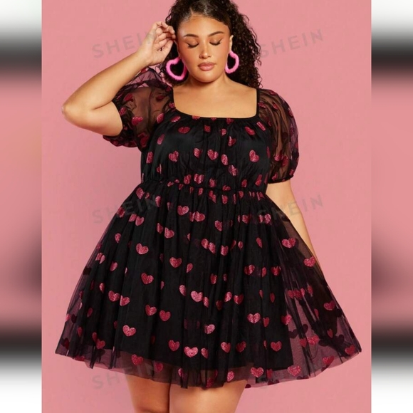 Plus Size Puff Sleeve Love Mesh Dress - Picture 3 of 9